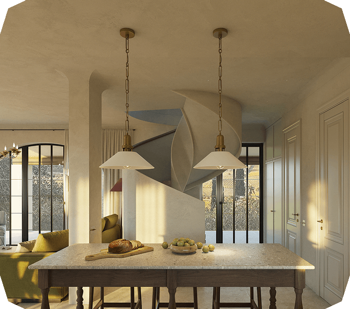Modern kitchen interior with a stone countertop table holding bread and apples, two pendant lights overhead, and a spiral staircase in the background.