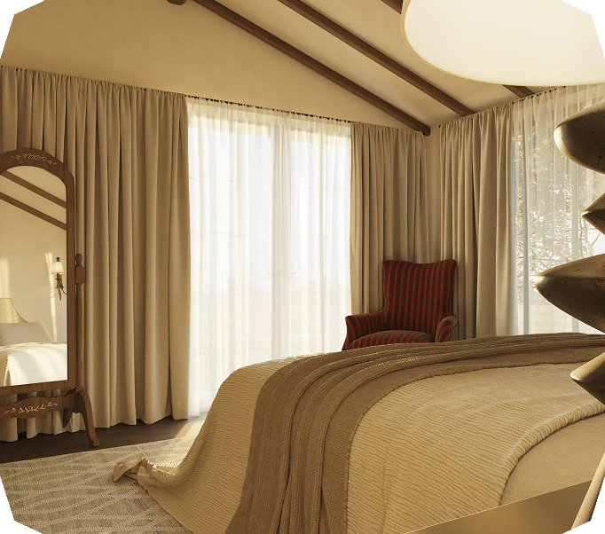 Cozy bedroom with beige curtains, a large bed with brown blankets, a red striped armchair, and a wooden full-length mirror.