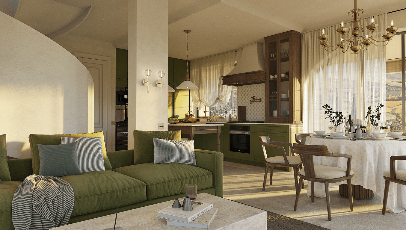 Cozy living and dining area with green sofa, wooden dining table with chairs, and kitchen with olive green cabinets bathed in warm sunlight.