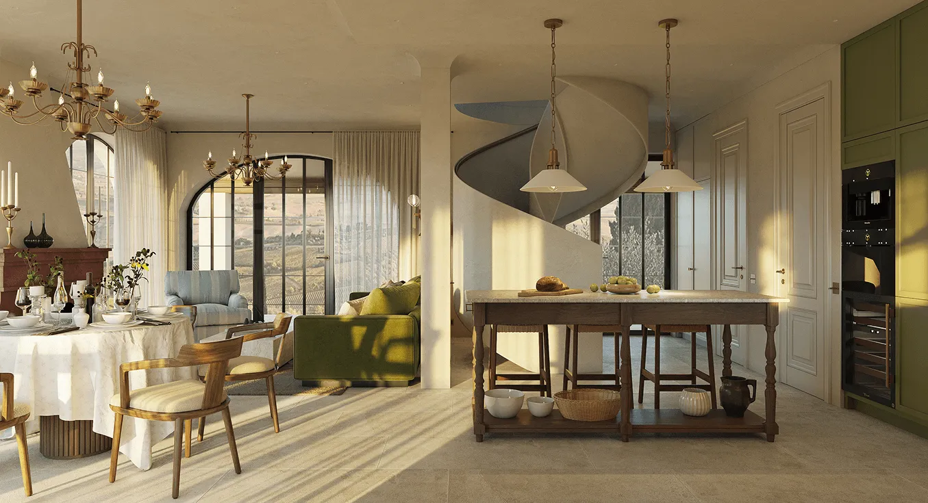 Open-concept living and dining area with wooden furniture, green sofa, round dining table with white tablecloth, spiral staircase, and large arched windows with outdoor landscape view.