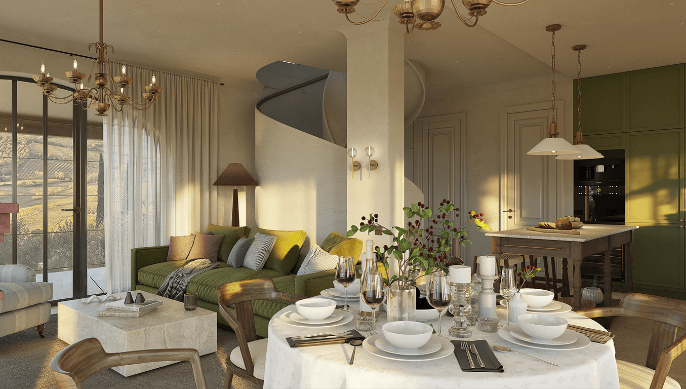 Cozy dining and living area with round table set with white dishes and wine glasses, green sofa, spiral staircase, and warm sunlight.