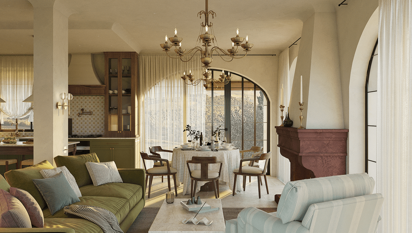 Cozy sunlit living and dining area with olive green sofa, wooden chairs around a round dining table, large arched windows, and a red fireplace.