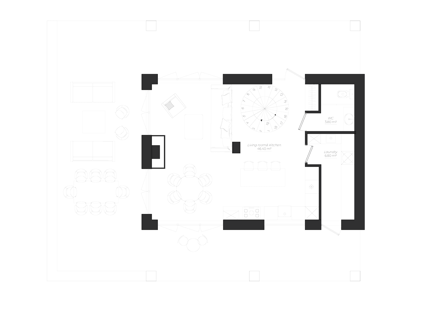 Casa Quiete plan. Floor plan of a living room and kitchen area with a spiral staircase, circular dining table, kitchen island with three stools, sofa, armchair, WC, and laundry room.