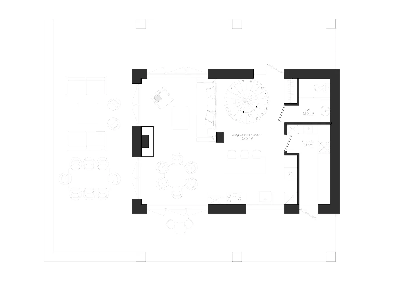 Casa Quiete plan. Floor plan of a living room and kitchen area with a spiral staircase, circular dining table, kitchen island with three stools, sofa, armchair, WC, and laundry room.