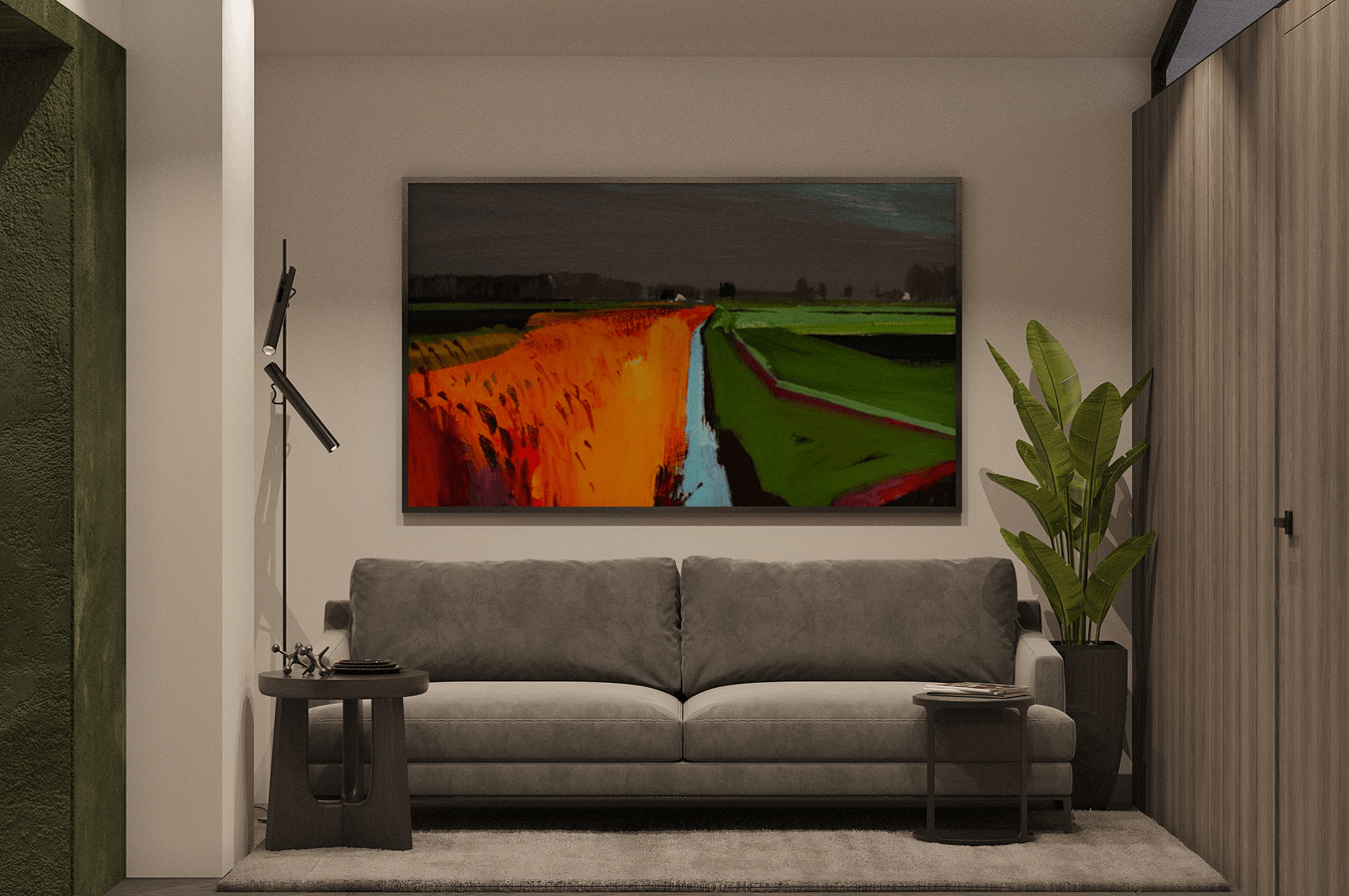 Modern living room with a gray sofa below a large abstract landscape painting featuring vibrant orange, green, and blue colors, flanked by side tables and a potted plant.