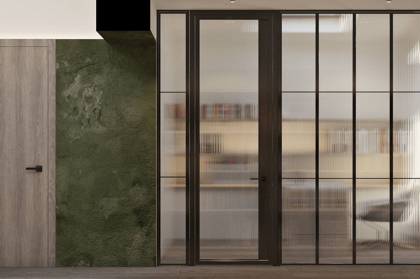 Modern interior wall featuring a textured olive green panel next to a light wood door and black-framed glass partition with a blurred view of a room behind.