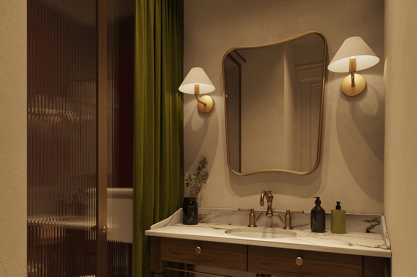 Bathroom vanity with a marble countertop, bronze faucet, irregular gold-framed mirror, two wall lamps, and a green curtain beside a textured glass door.