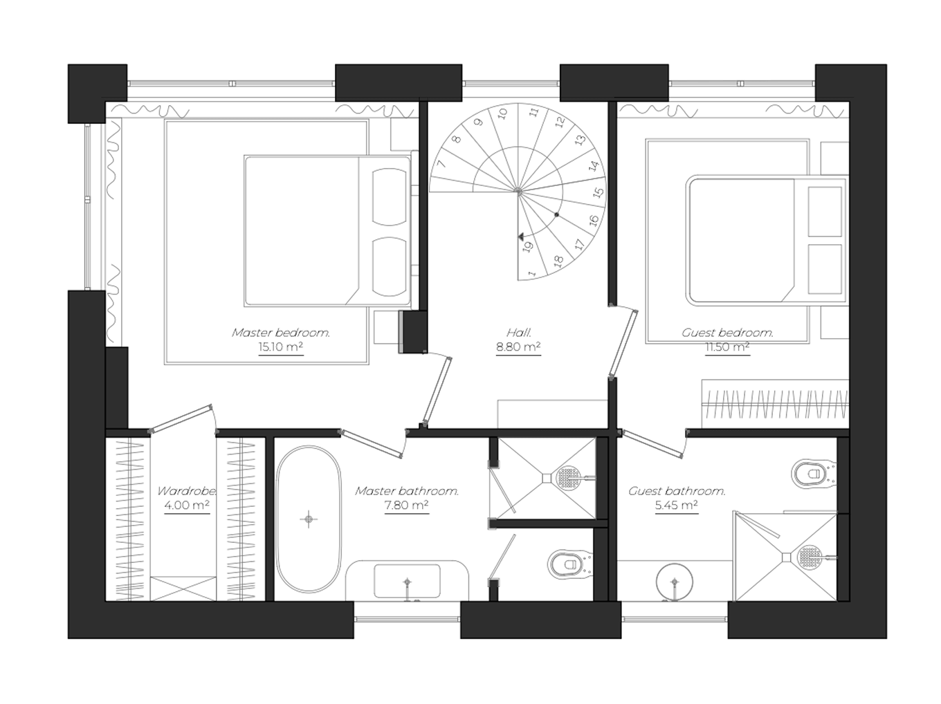 Penthouse Terrace — Zurich-plan
Floor plan showing a master bedroom with wardrobe and bathroom, a guest bedroom with bathroom, and a central hall with spiral staircase.