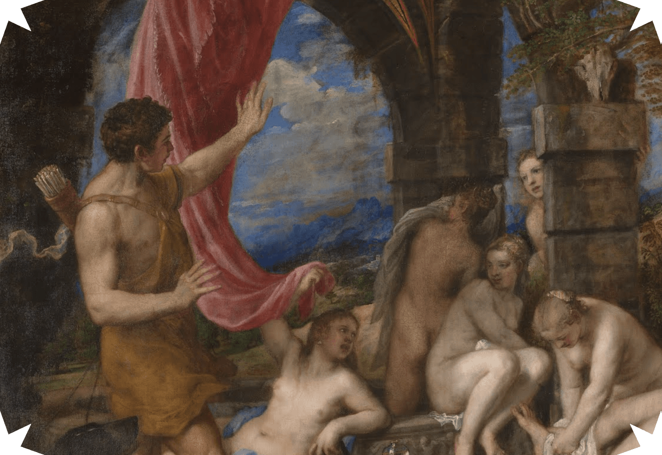 Classical painting of a muscular man with a quiver gesturing towards four partially nude women near ancient stone arches under a cloudy sky.