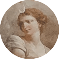 Portrait of a woman with soft curls wearing a white dress and a small hat, painted in a classical style.